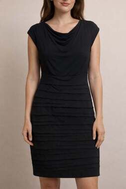 Sandra Darren Black Cowl Neck Shutter Pleat Sheath Dress